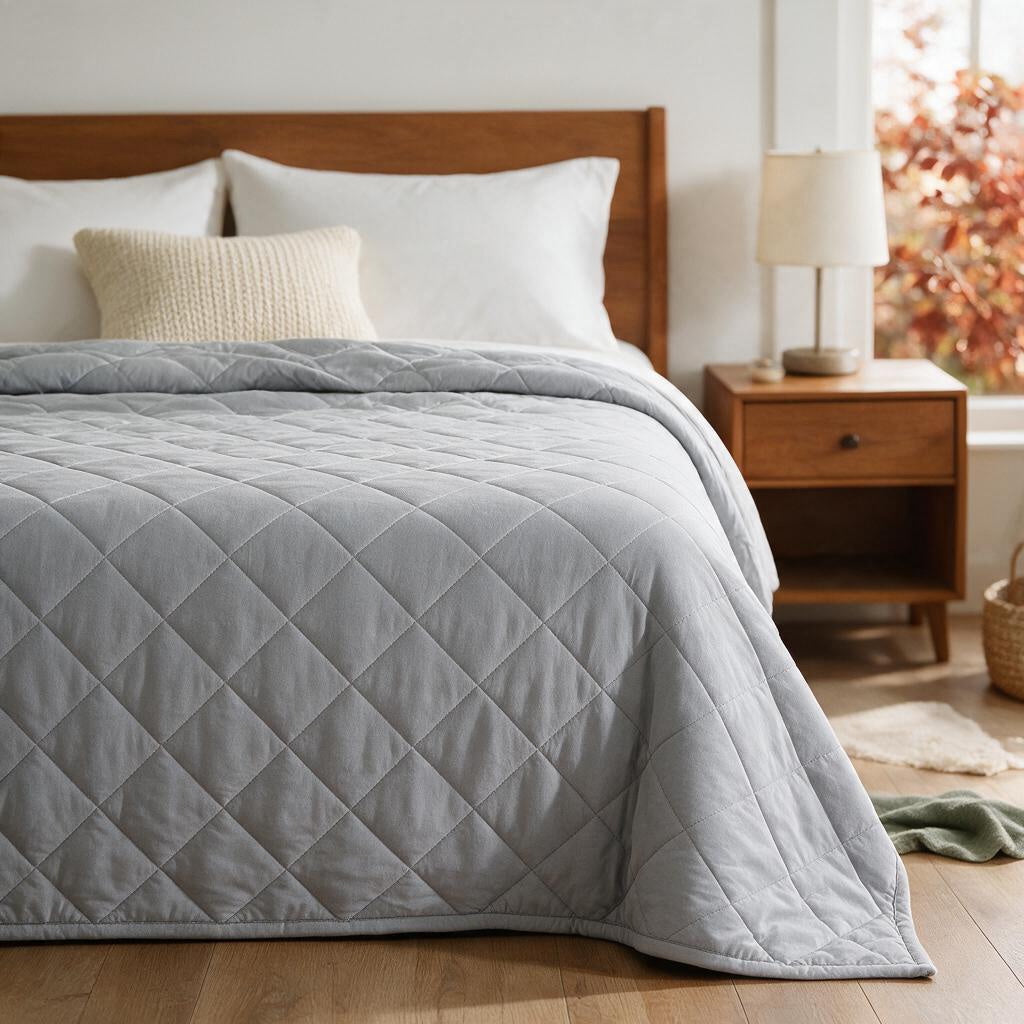 Grey diamond-quilted Eddie Bauer blanket spread over a twin bed with a wooden headboard and nightstand