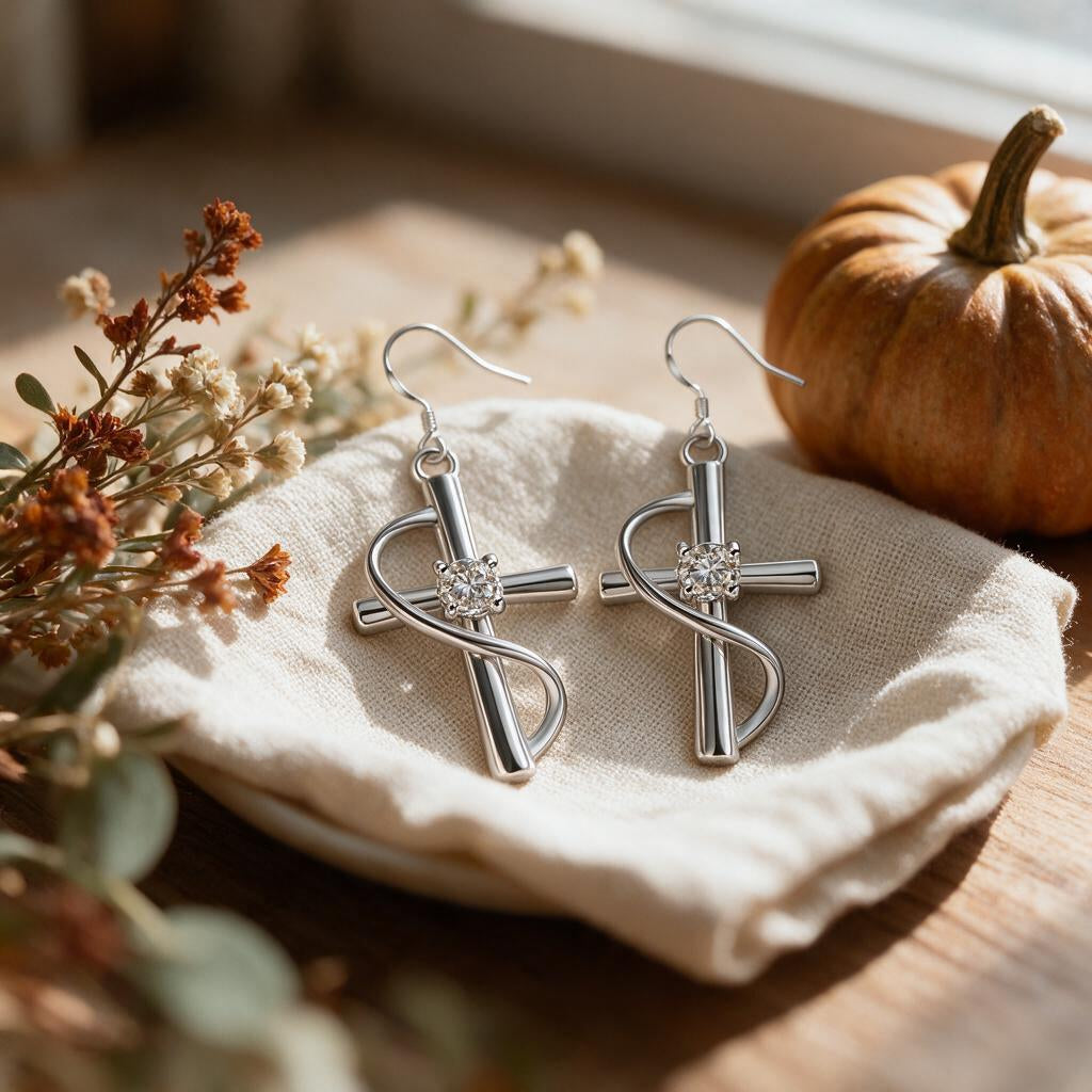 Silver-tone cross drop earrings with a swirl and crystal on a linen dish beside a mini pumpkin