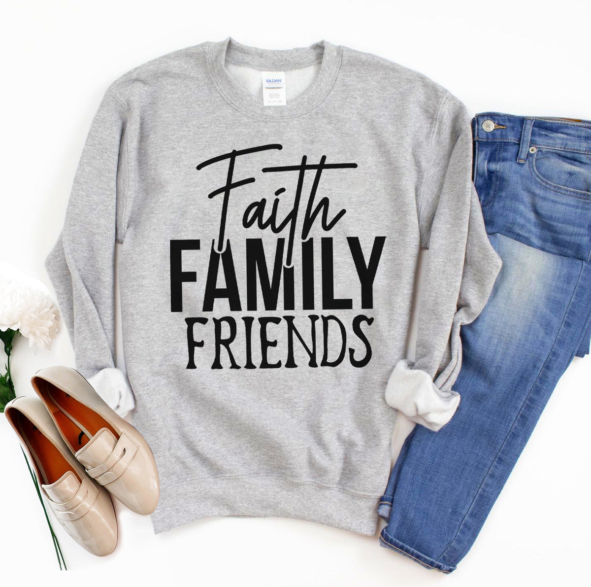 Heather gray Faith Family Friends sweatshirt flat lay with jeans