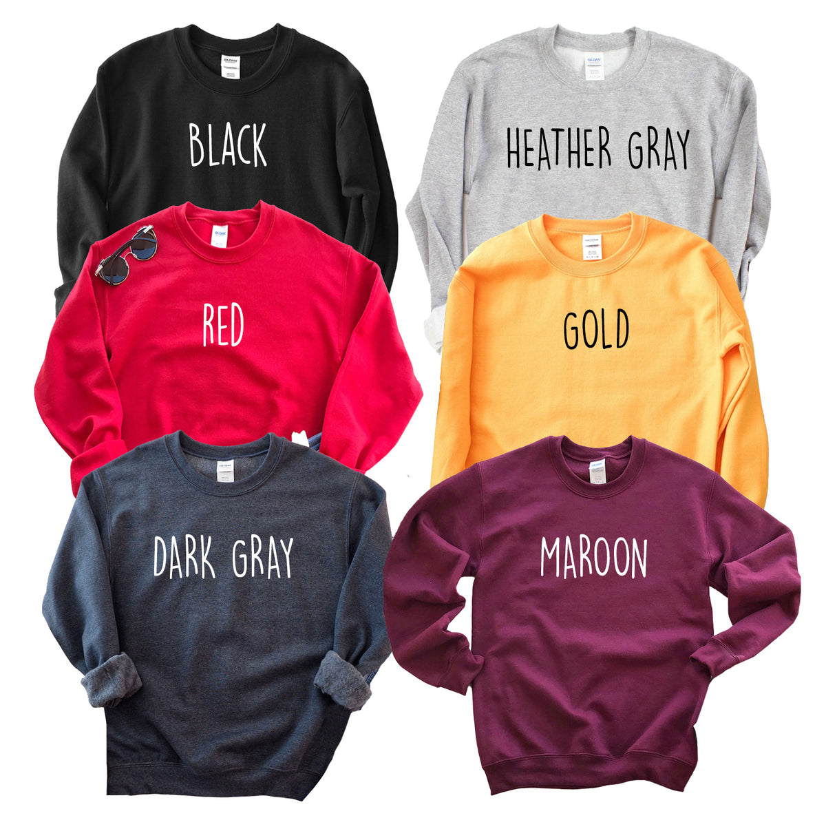 Faith Family Friends sweatshirt colors: black, heather gray, red, gold, dark gray and maroon