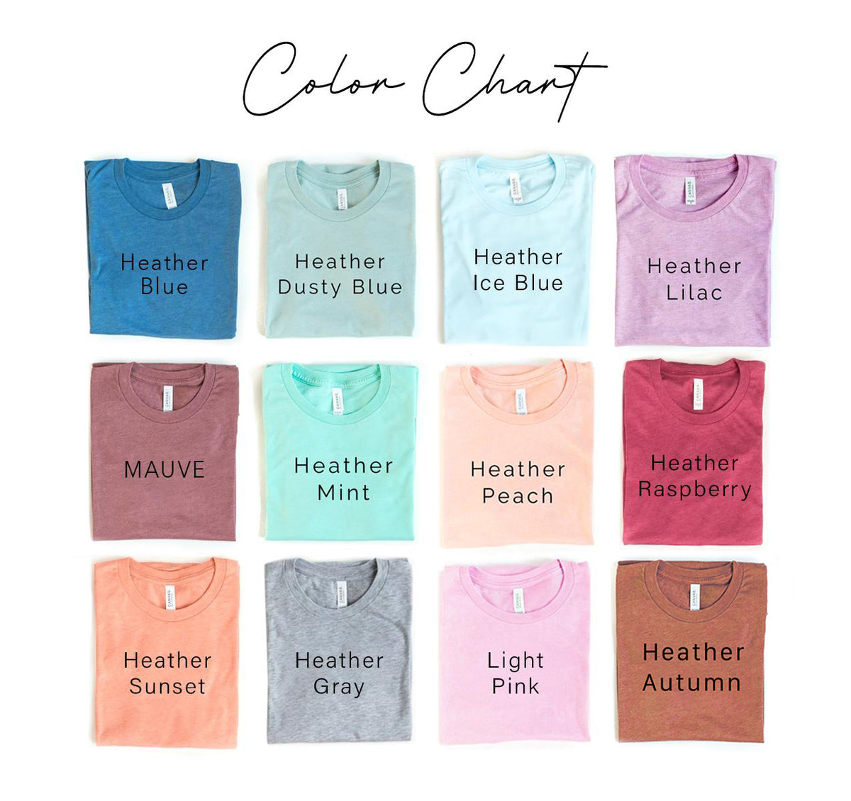 Bella Canvas t-shirt color chart with heather and light colors