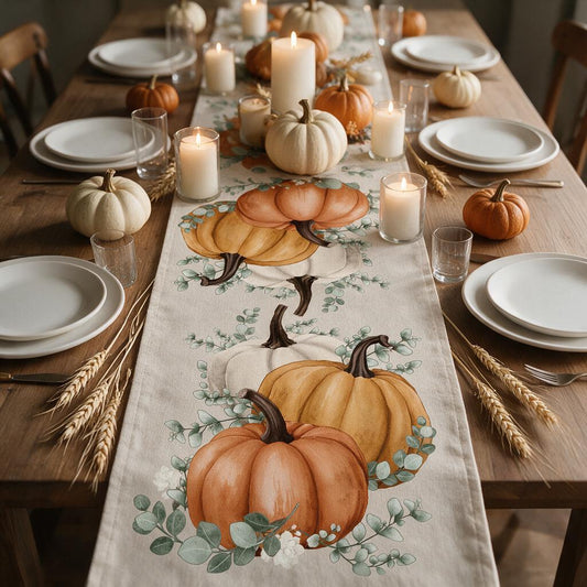Watercolor pumpkin and eucalyptus table runner on a Thanksgiving dinner table with candles and pumpkins