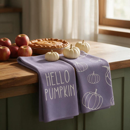 Two lavender Hello Pumpkin kitchen towels draped over a farmhouse counter with apples and pie
