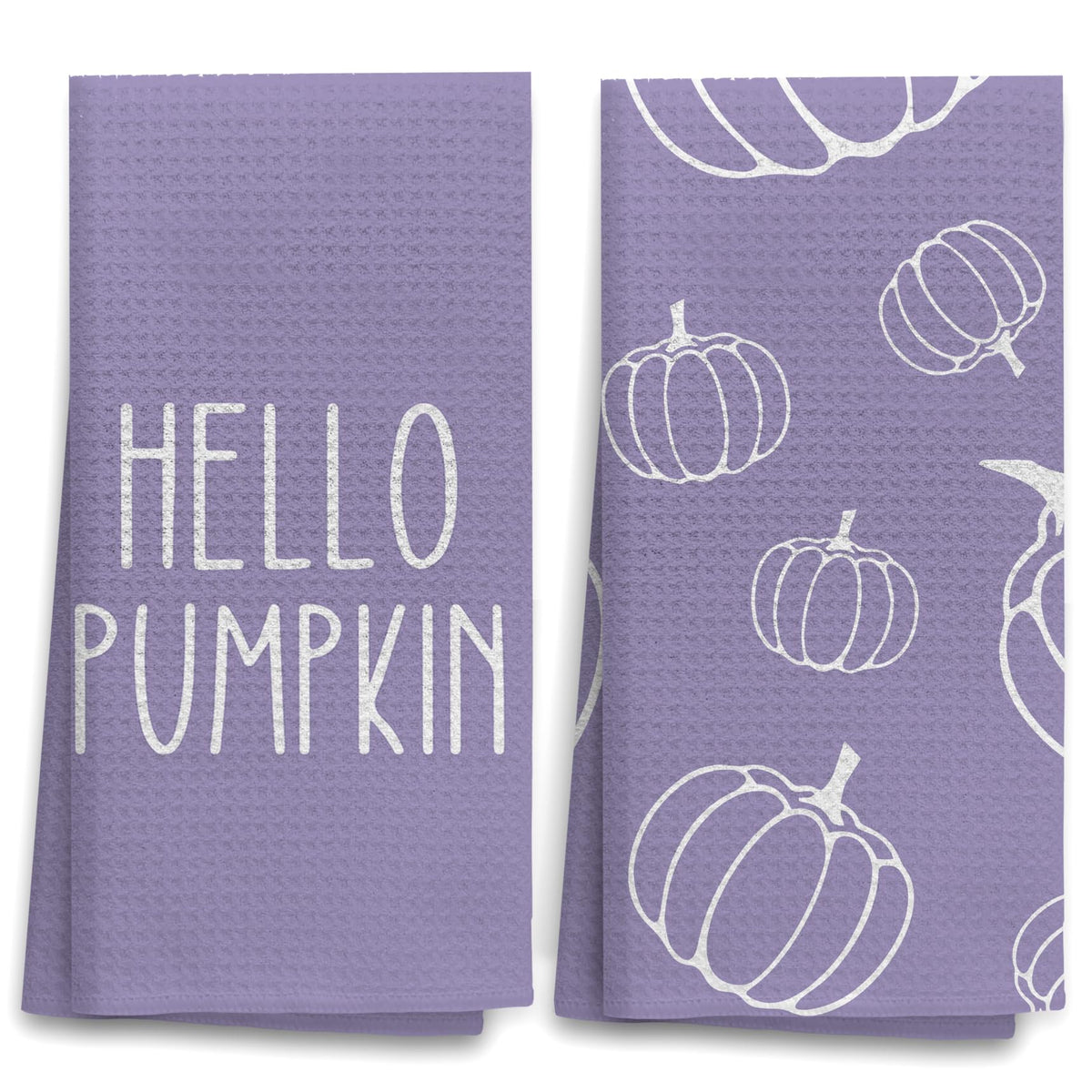 Set of 2 lavender waffle kitchen towels: Hello Pumpkin lettering and white pumpkin outline print