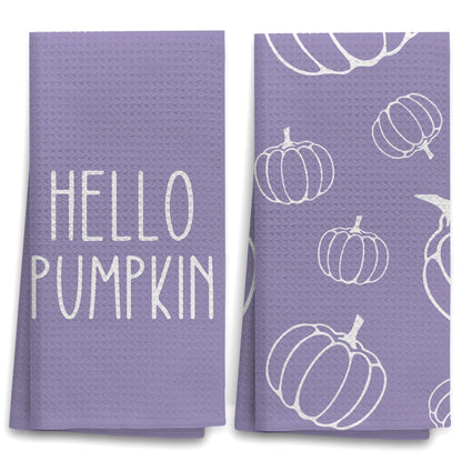 Set of 2 lavender waffle kitchen towels: Hello Pumpkin lettering and white pumpkin outline print