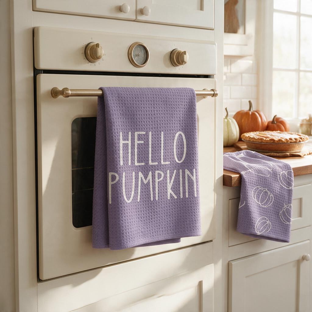 Purple Hello Pumpkin waffle kitchen towel hanging on an oven handle, with the matching pumpkin print towel on the counter