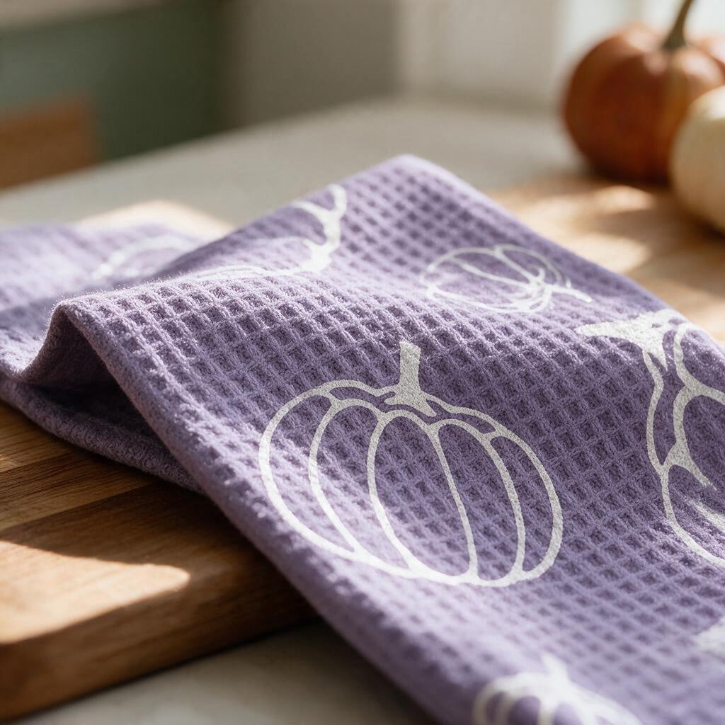 Close-up of the lavender waffle-weave texture and white pumpkin outline print on the kitchen towel
