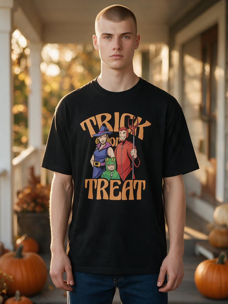 Man wearing the black Trick or Treat family costume t-shirt on a porch with pumpkins