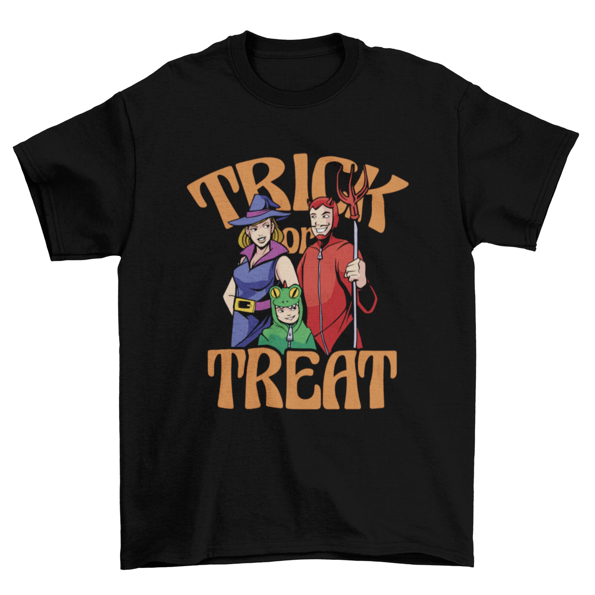 Black Trick or Treat family Halloween t-shirt with witch and devil costumes