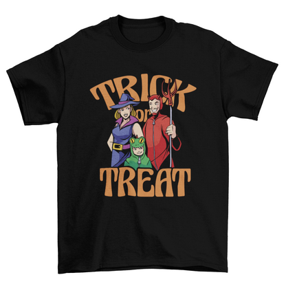 Black Trick or Treat family Halloween t-shirt with witch and devil costumes