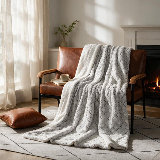 Faux fur sherpa throw blanket draped over a leather armchair by the fireplace