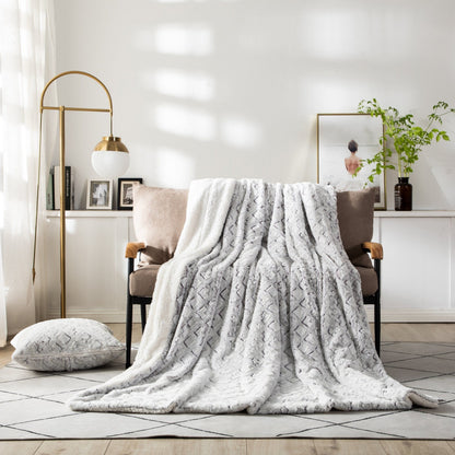 Faux fur sherpa throw draped over an armchair in a bright living room