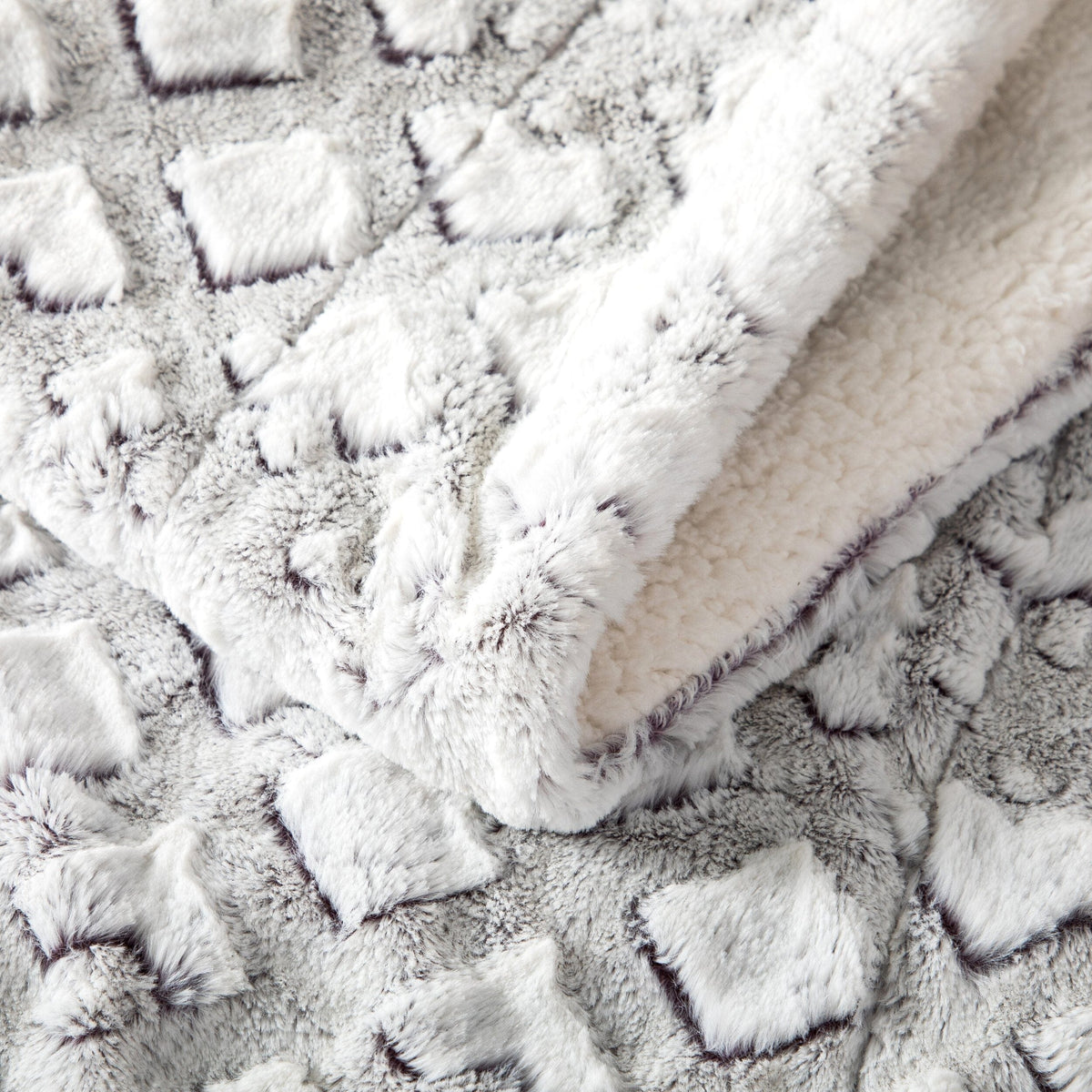 Faux fur blanket edge showing the plush front and sherpa back