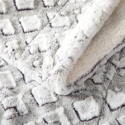 Faux fur blanket edge showing the plush front and sherpa back