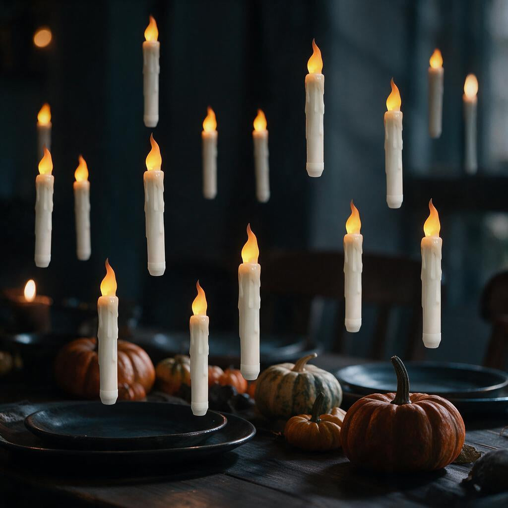 Floating flameless LED taper candles glowing above a Halloween dinner table with pumpkins