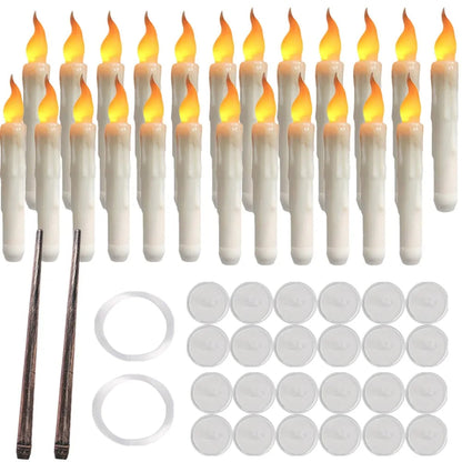 Floating taper candle set with two wand remotes, hanging rings and stick-on hooks