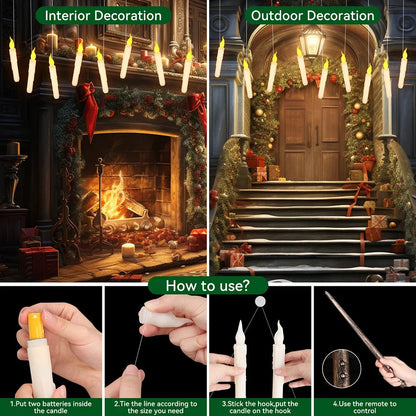 Floating candles for indoor and outdoor decor, with steps for adding batteries and hanging