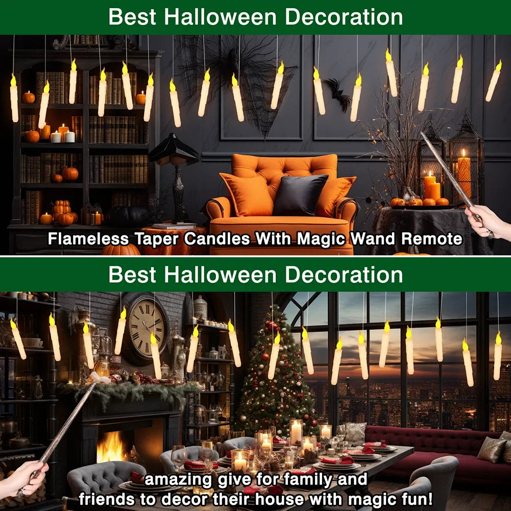 Floating LED taper candles glowing above a Halloween living room and a cozy fireplace, with magic wand remote