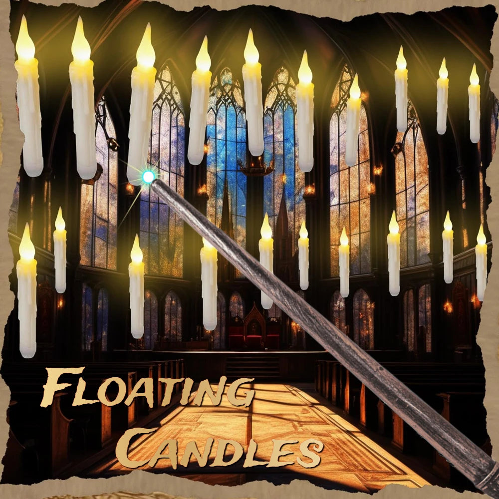 Floating flameless taper candles and magic wand remote in a candlelit hall