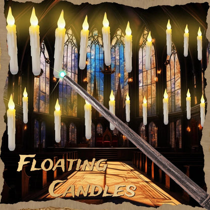 Floating flameless taper candles and magic wand remote in a candlelit hall