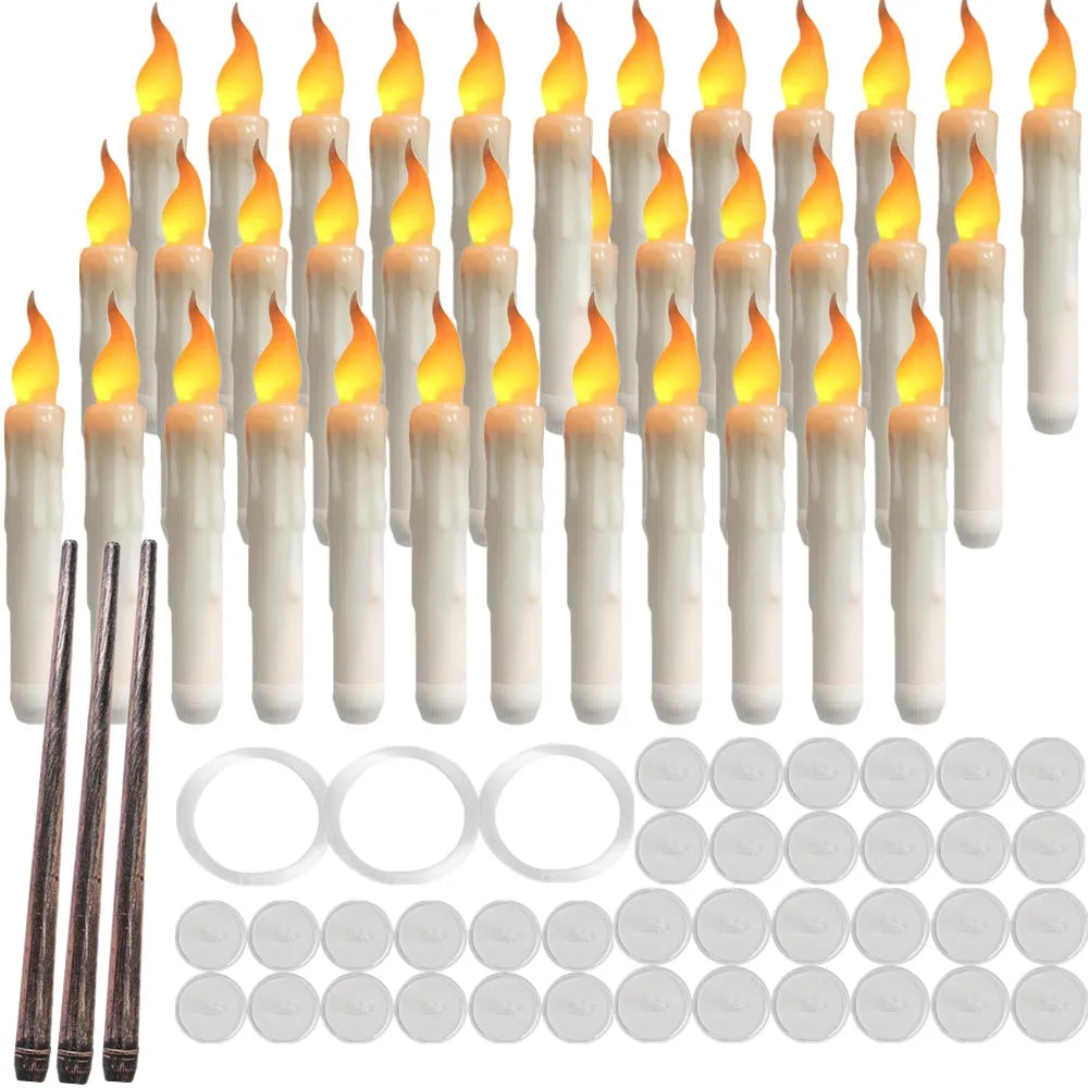 Set of LED taper candles with magic wand remotes, hanging rings and adhesive hooks