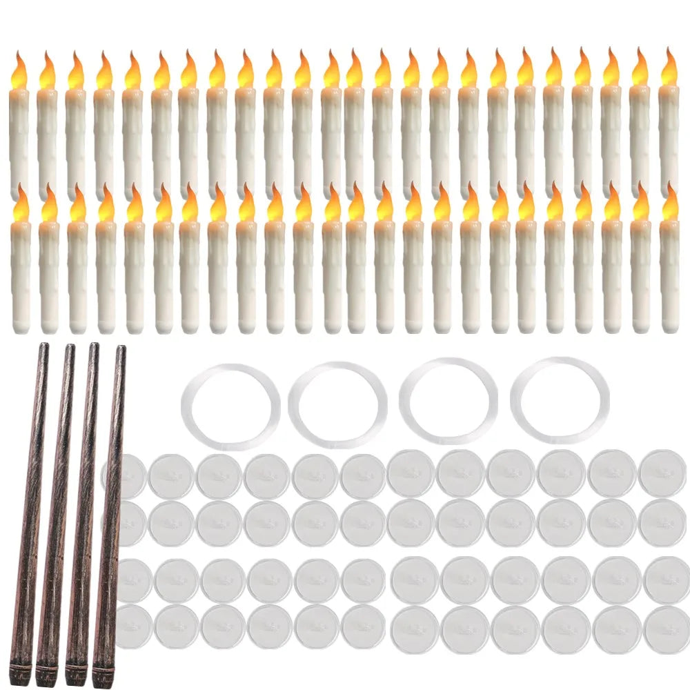 Floating LED taper candle kit with wand remotes, hooks and clear hanging lines