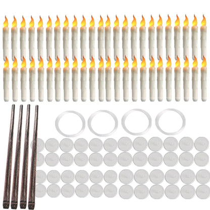 Floating LED taper candle kit with wand remotes, hooks and clear hanging lines