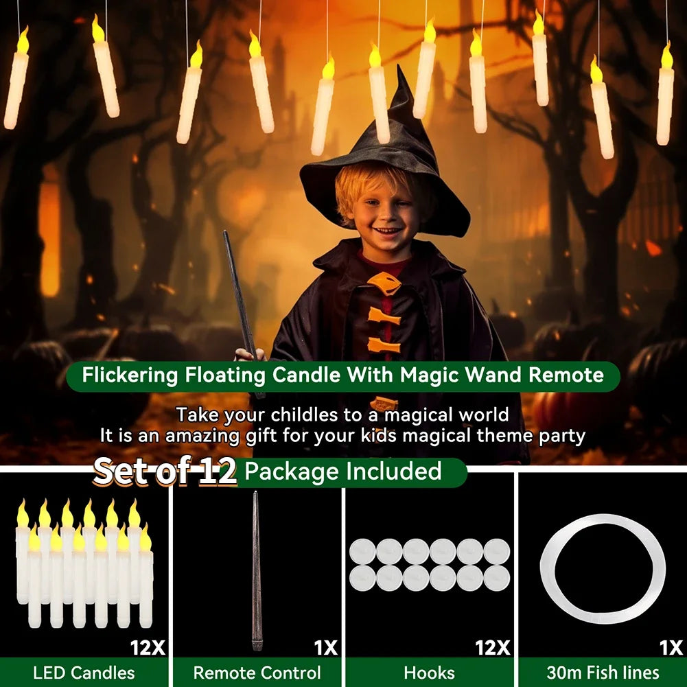 Floating candle set of 12 with remote, hooks and fishing line, shown above a child in a wizard costume