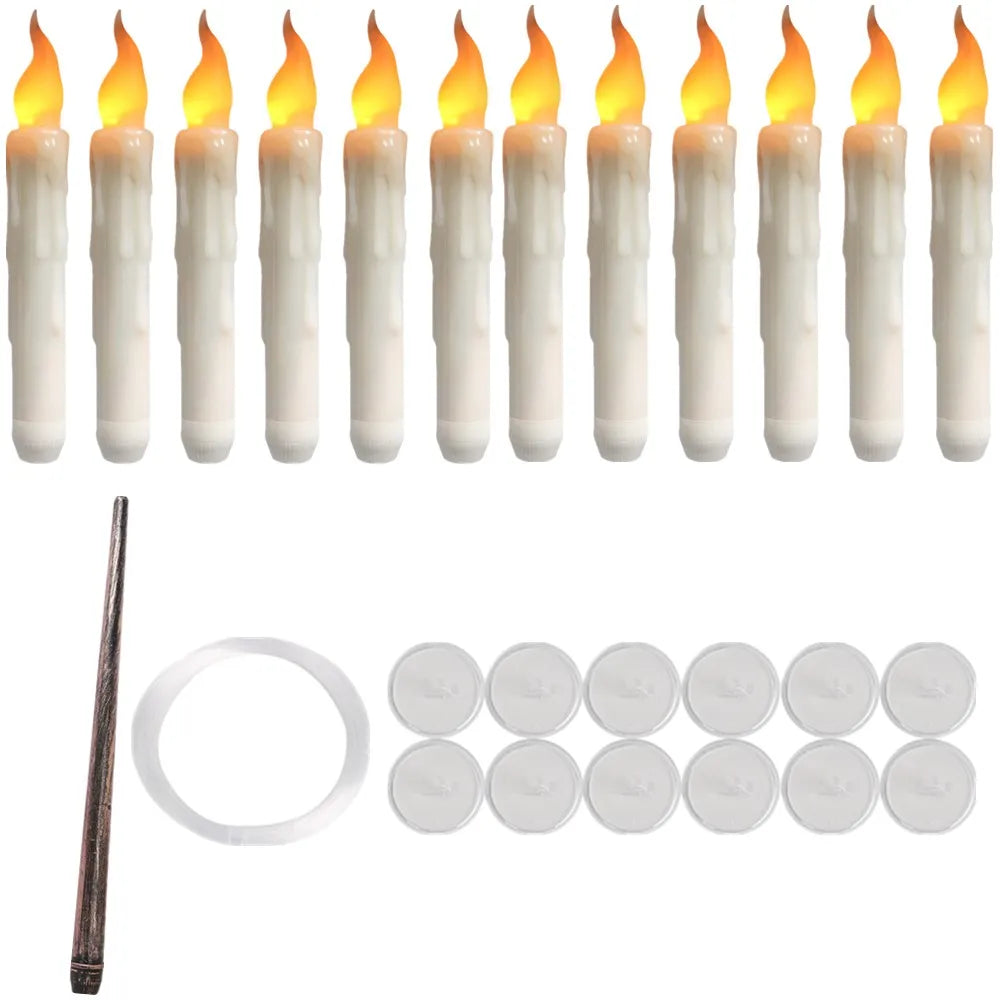 Flickering LED taper candles with a wand remote, hanging ring and hooks