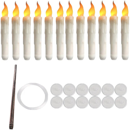 Flickering LED taper candles with a wand remote, hanging ring and hooks