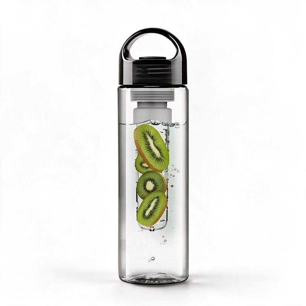Fruit infuser water bottle in black with kiwi slices in the infuser on a white background