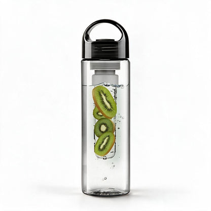 Fruit infuser water bottle in black with kiwi slices in the infuser on a white background