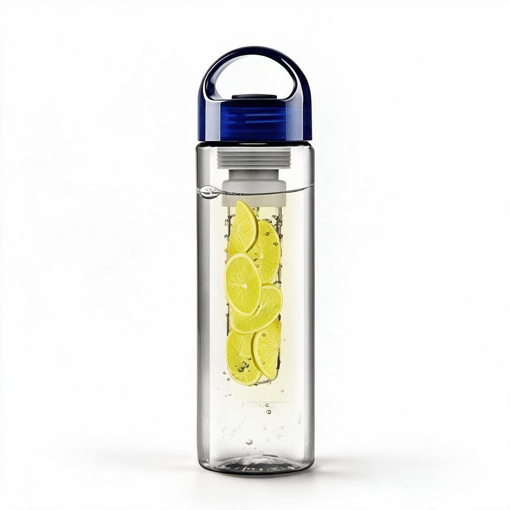 Fruit infuser water bottle in blue with lemon slices in the infuser on a white background