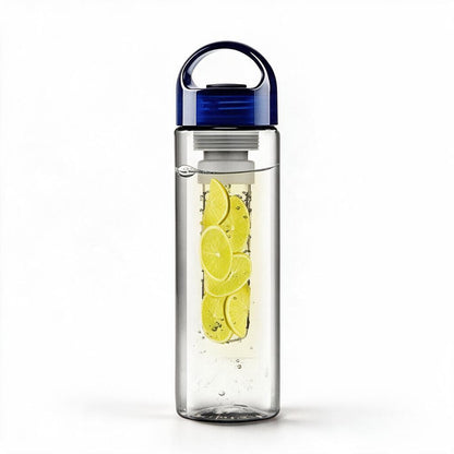 Fruit infuser water bottle in blue with lemon slices in the infuser on a white background