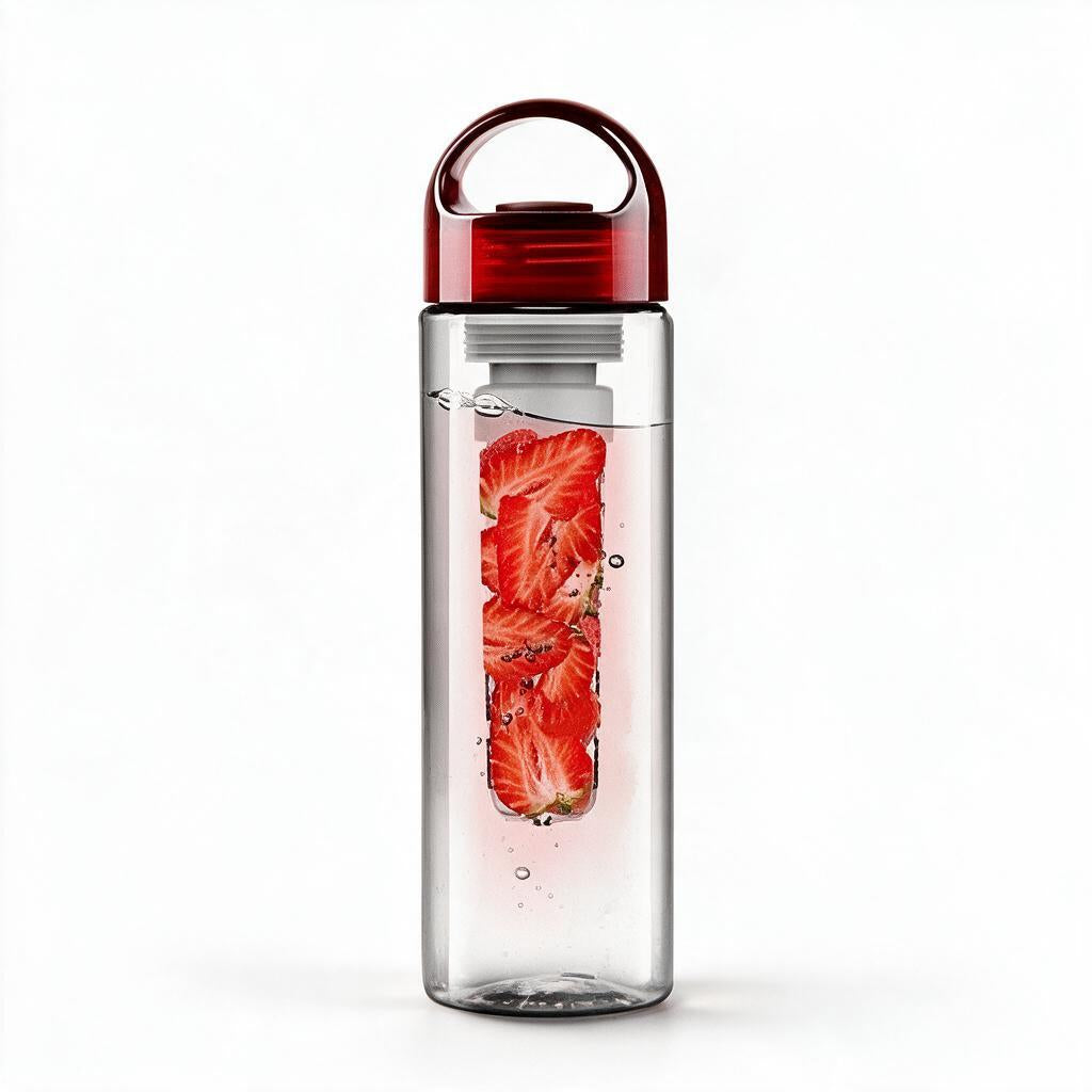 Fruit infuser water bottle in red with strawberry slices in the infuser on a white background