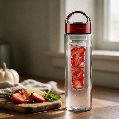 Red fruit infuser water bottle with strawberries inside on a wood kitchen counter beside fresh strawberries, lemon and mint