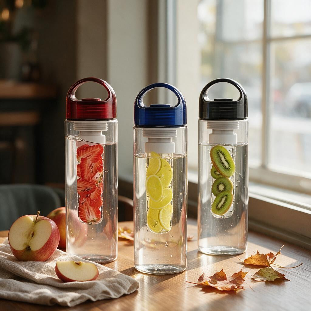 Fruit infuser water bottles with strawberries, lemon and kiwi on a sunny cafe table