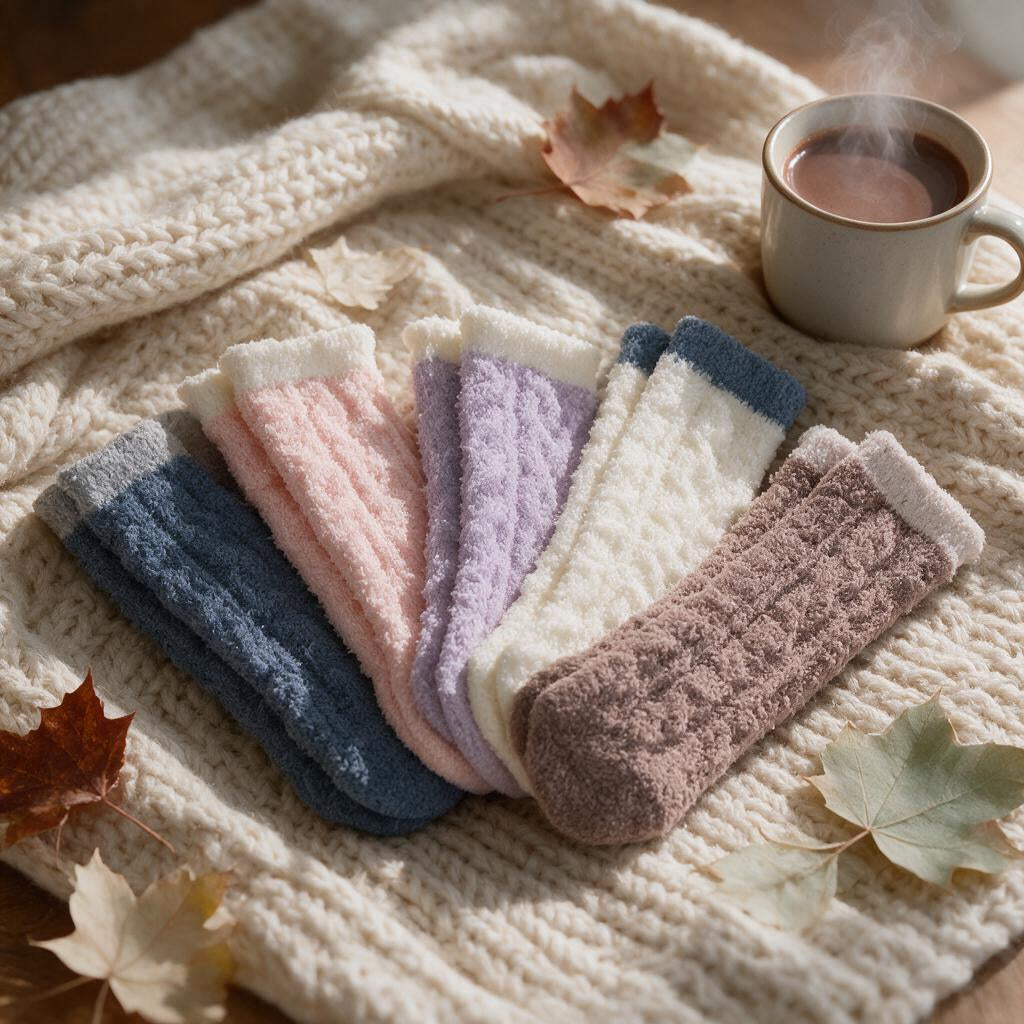 Five pairs of fuzzy slipper socks fanned out on a cream knit blanket with hot cocoa and autumn leaves