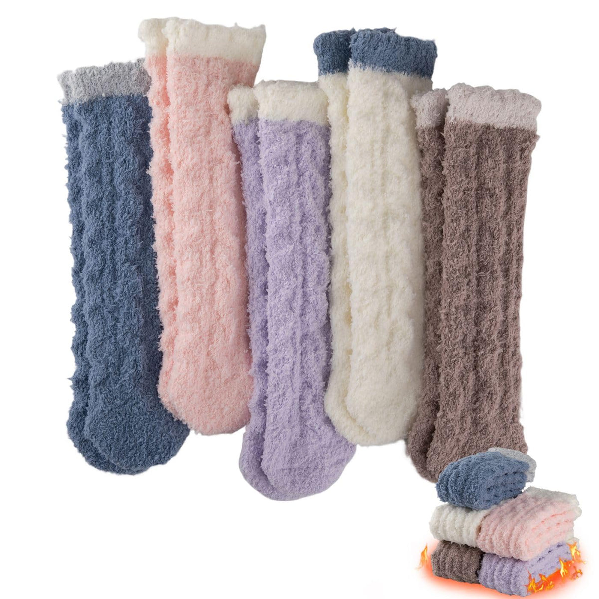 Five pairs of fuzzy cable-knit slipper socks in navy, pink, lavender, cream and mocha