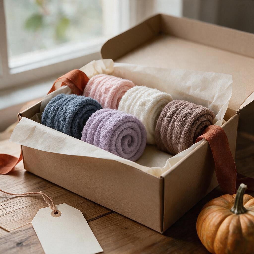Five rolled pairs of fuzzy socks in navy, pink, lavender, cream and mocha in a kraft gift box with tissue and ribbon