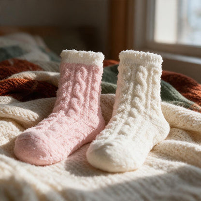Close-up of pink and cream fuzzy cable-texture slipper socks with fluffy cuffs on a knit blanket