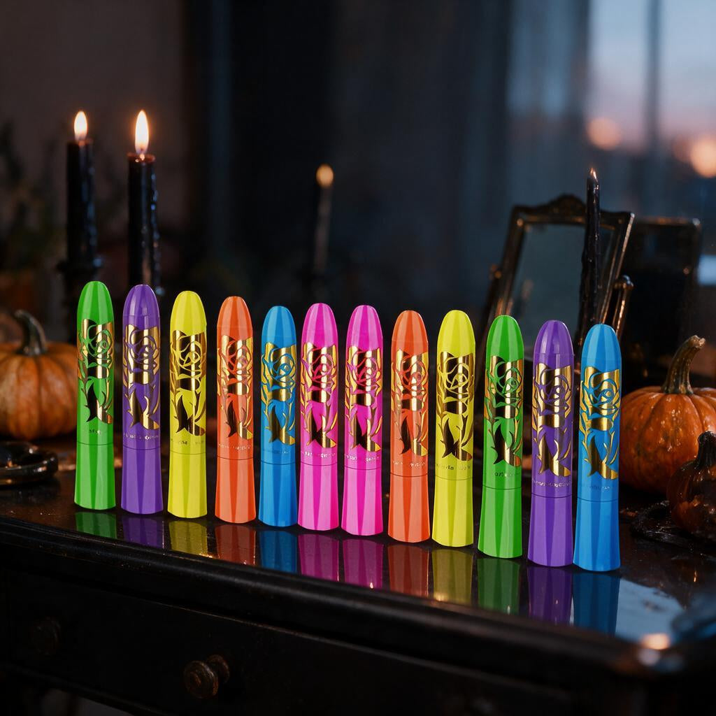 Twelve neon glow face paint crayons lined up on a Halloween vanity