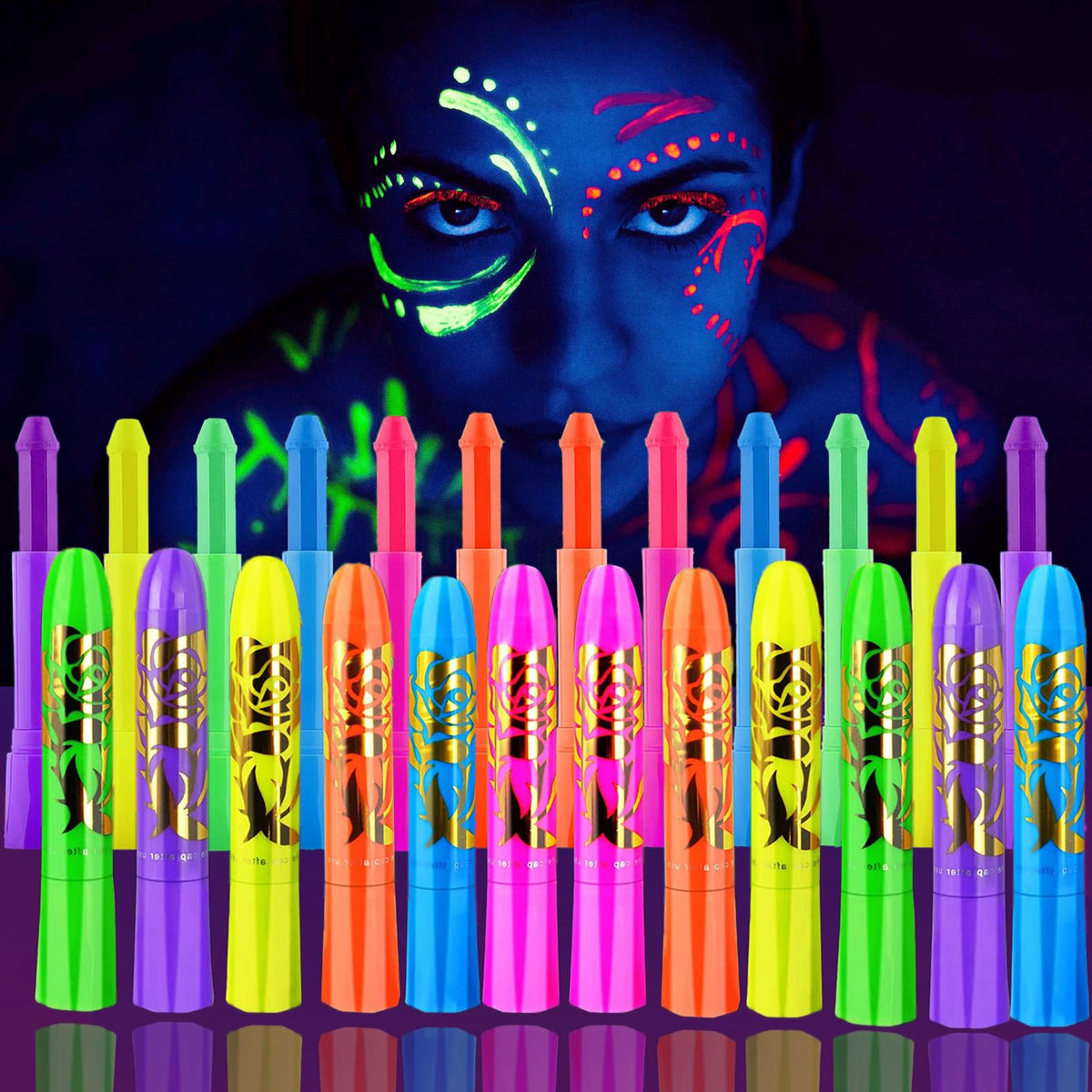 12 neon face paint crayons with a glowing face makeup example under blacklight