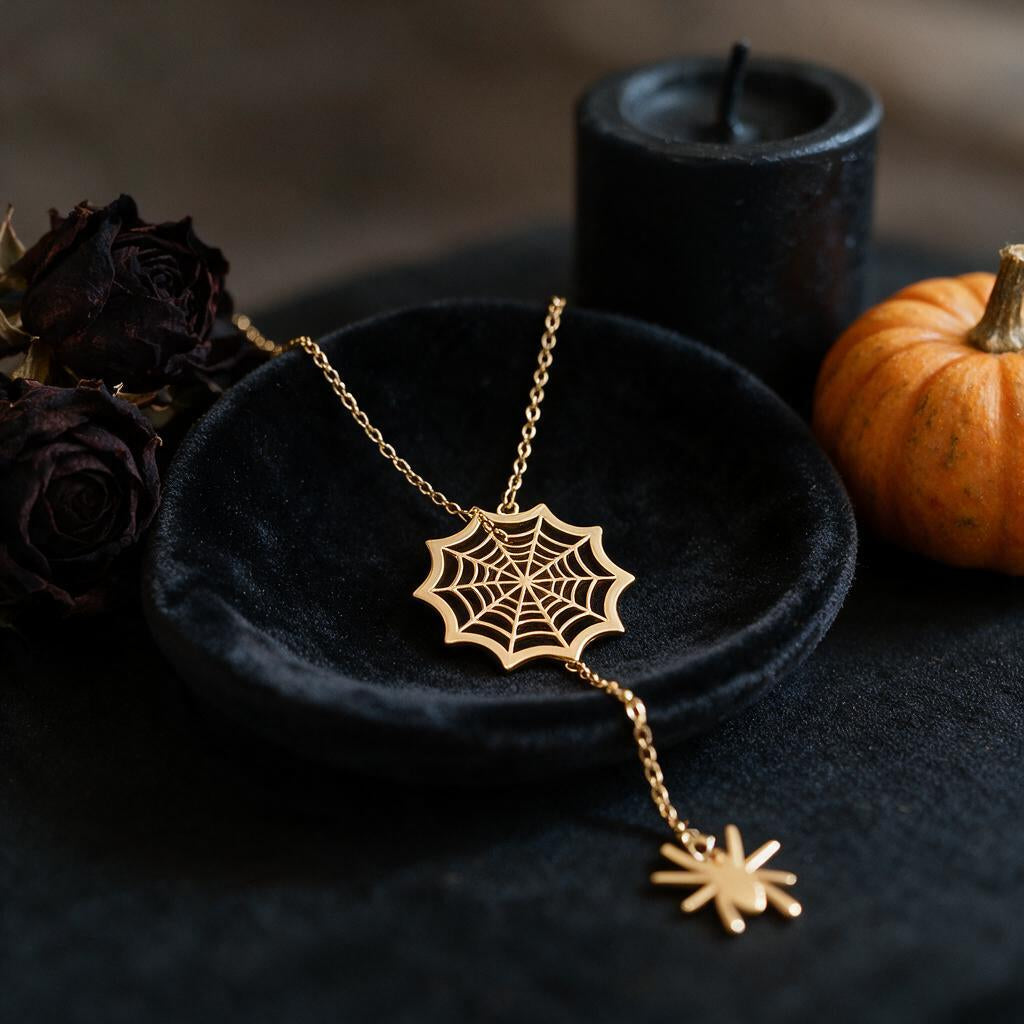 Gold spider web pendant necklace with hanging spider on a black velvet dish with dried roses