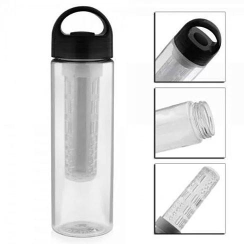 Black fruit infuser bottle with close-ups of the lid, threads and infuser