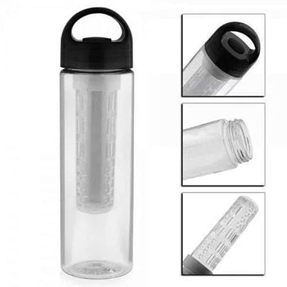 Black fruit infuser bottle with close-ups of the lid, threads and infuser