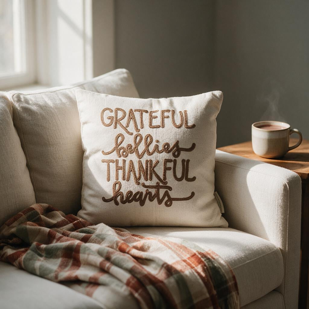 Grateful Bellies Thankful Hearts throw pillow on a cream sofa with a plaid throw