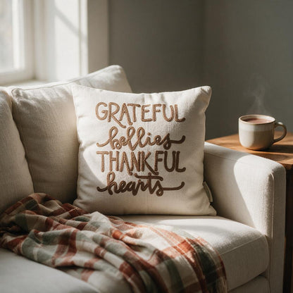 Grateful Bellies Thankful Hearts throw pillow on a cream sofa with a plaid throw