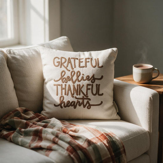 Grateful Bellies Thankful Hearts throw pillow on a cream sofa with a plaid throw