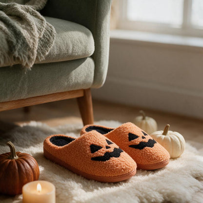 Orange jack-o'-lantern fuzzy slippers on a sheepskin rug beside an armchair with pumpkins and a candle